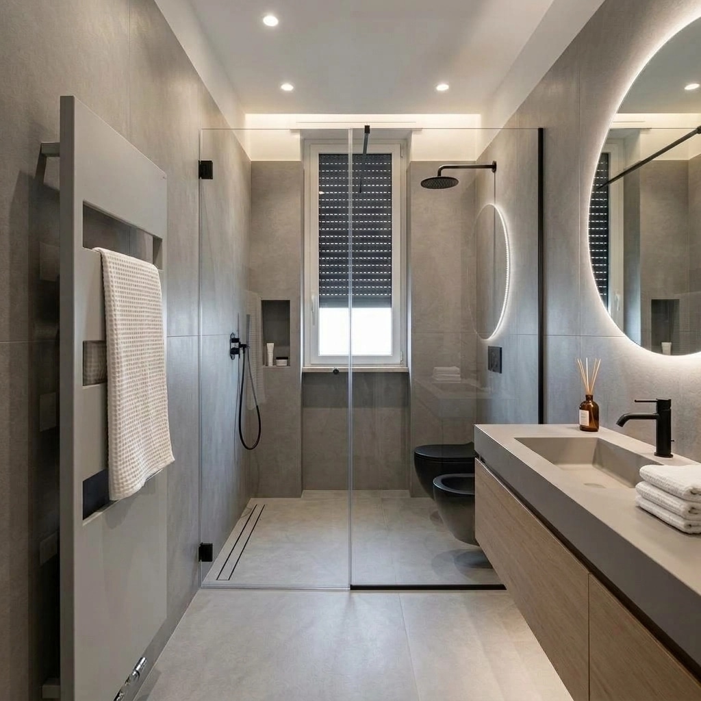 Bathroom interior in Minimalism style — photo by GenRoom AI