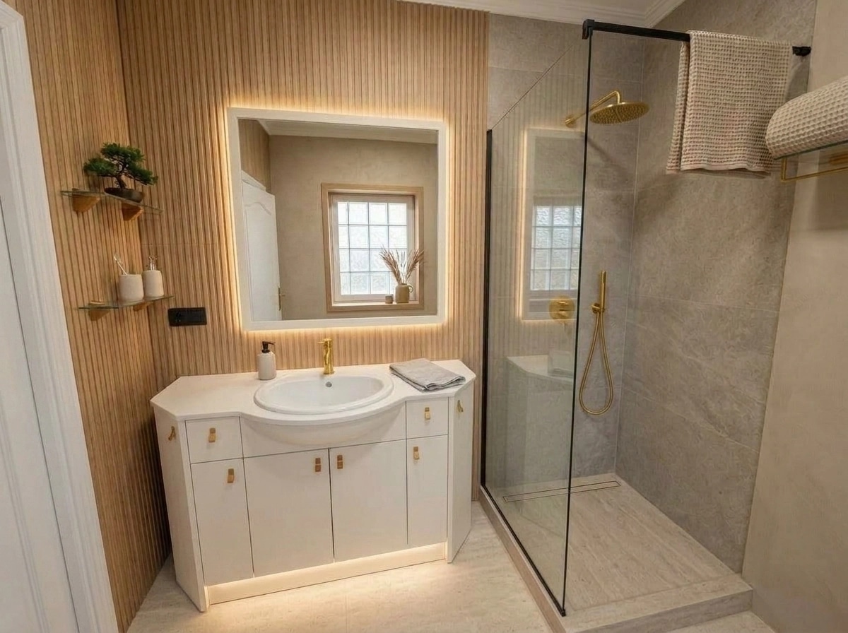 Bathroom interior in Japandi style — photo by GenRoom AI
