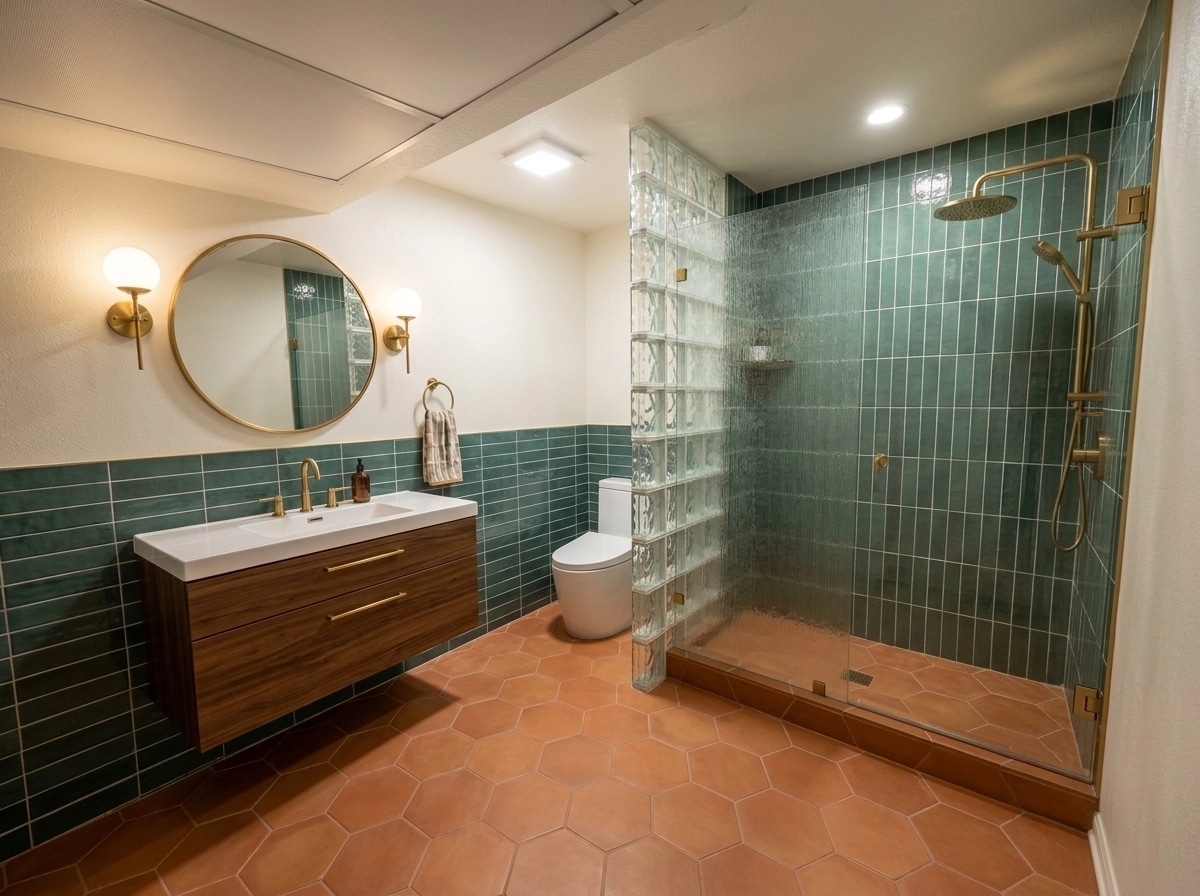 Bathroom interior in Mid-Century Modern style — photo by GenRoom AI