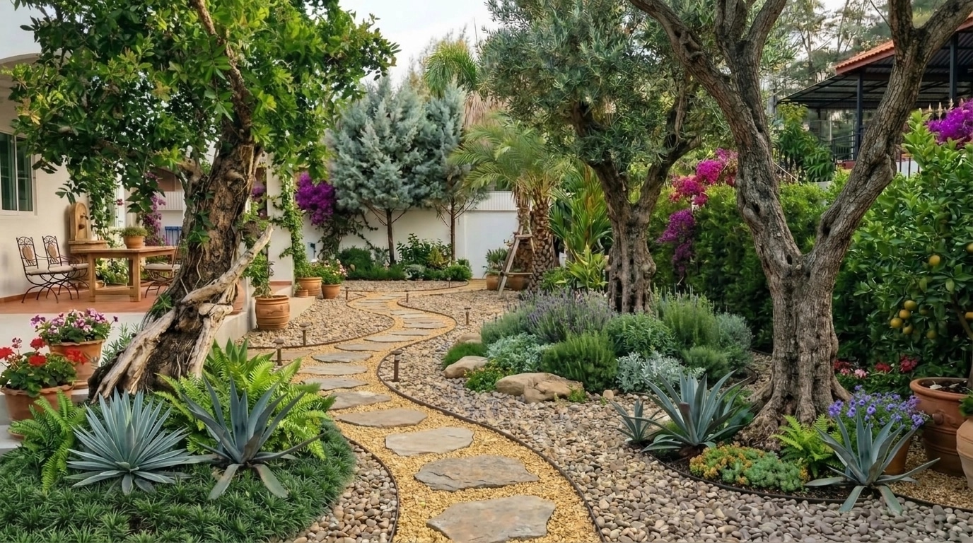 Peyzaj tasarımı Mediterranean Yard stili — Bahçe GenRoom AI