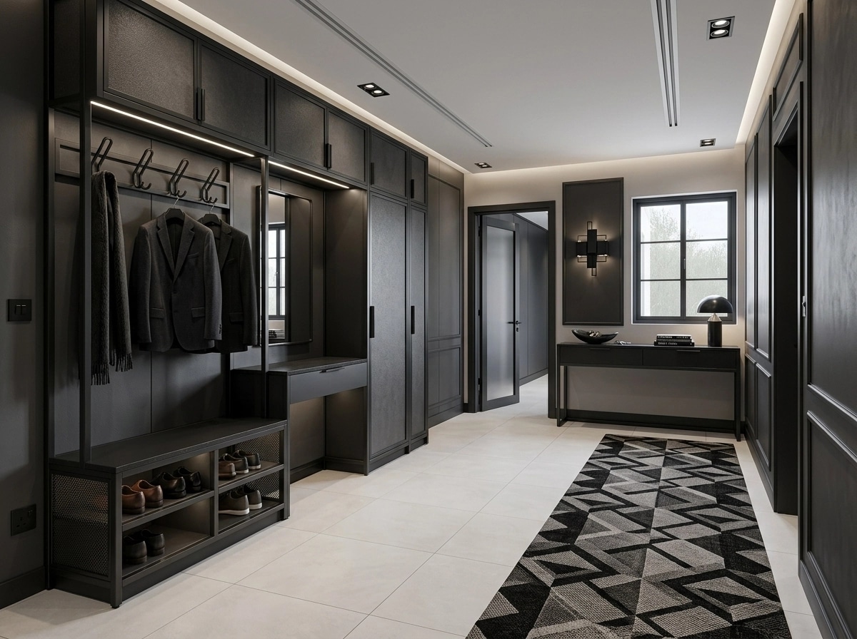 Hallway interior in Blacktec style — photo by GenRoom AI
