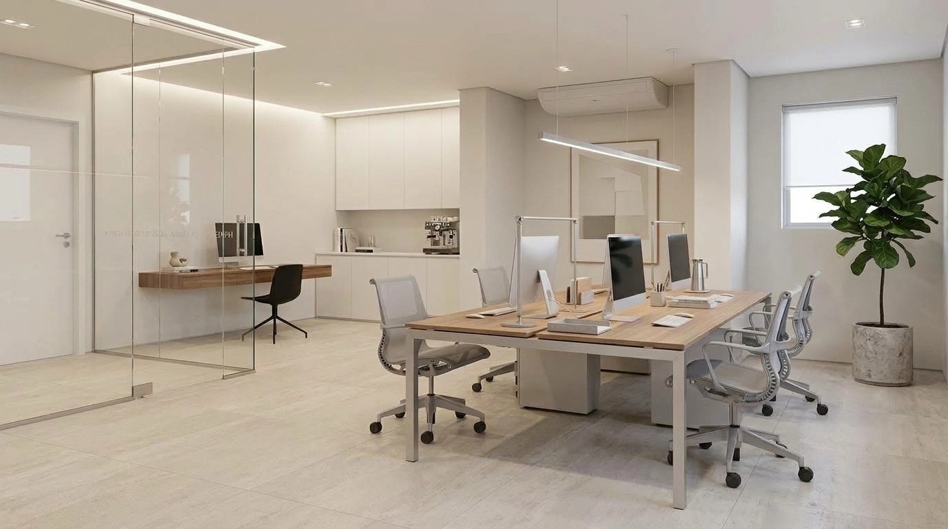 Office interior in Minimalism style — photo by GenRoom AI