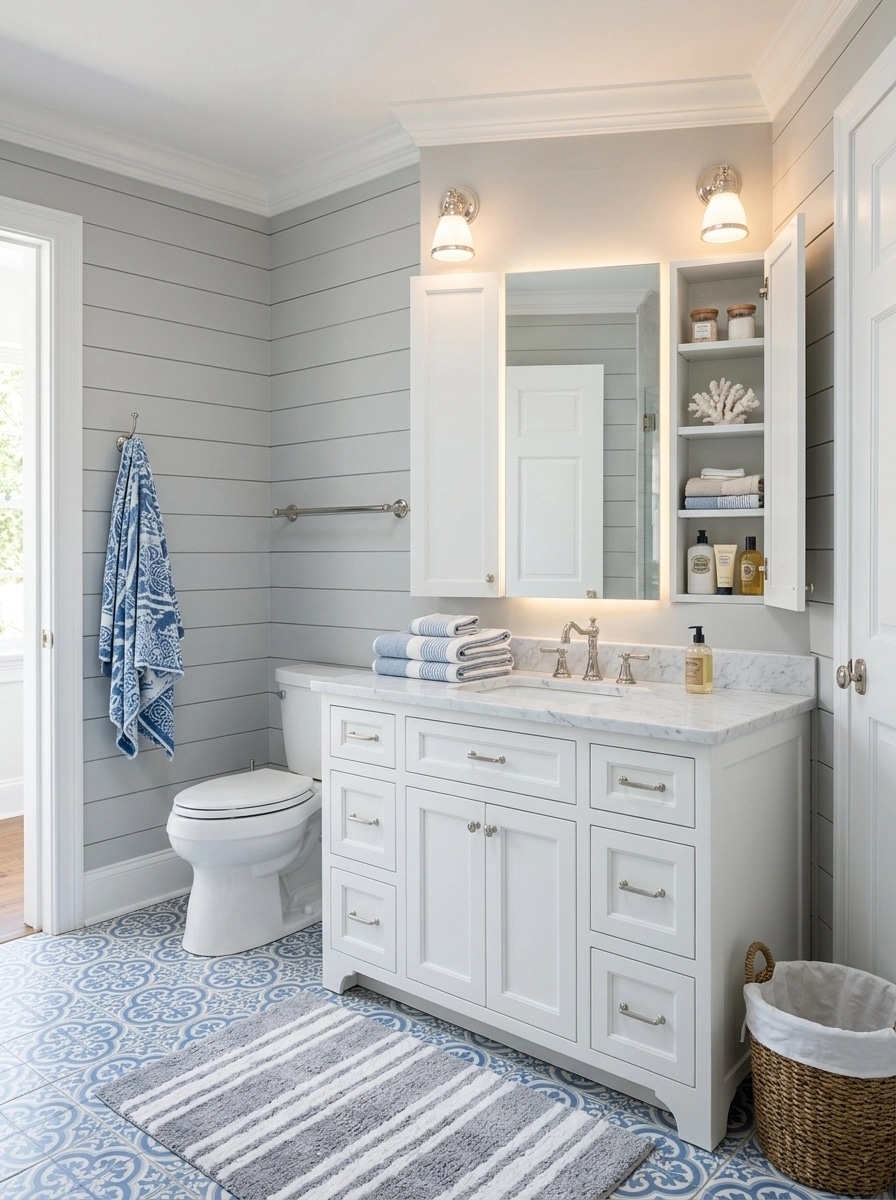 Bathroom interior in Coastal / Hamptons style — photo by GenRoom AI