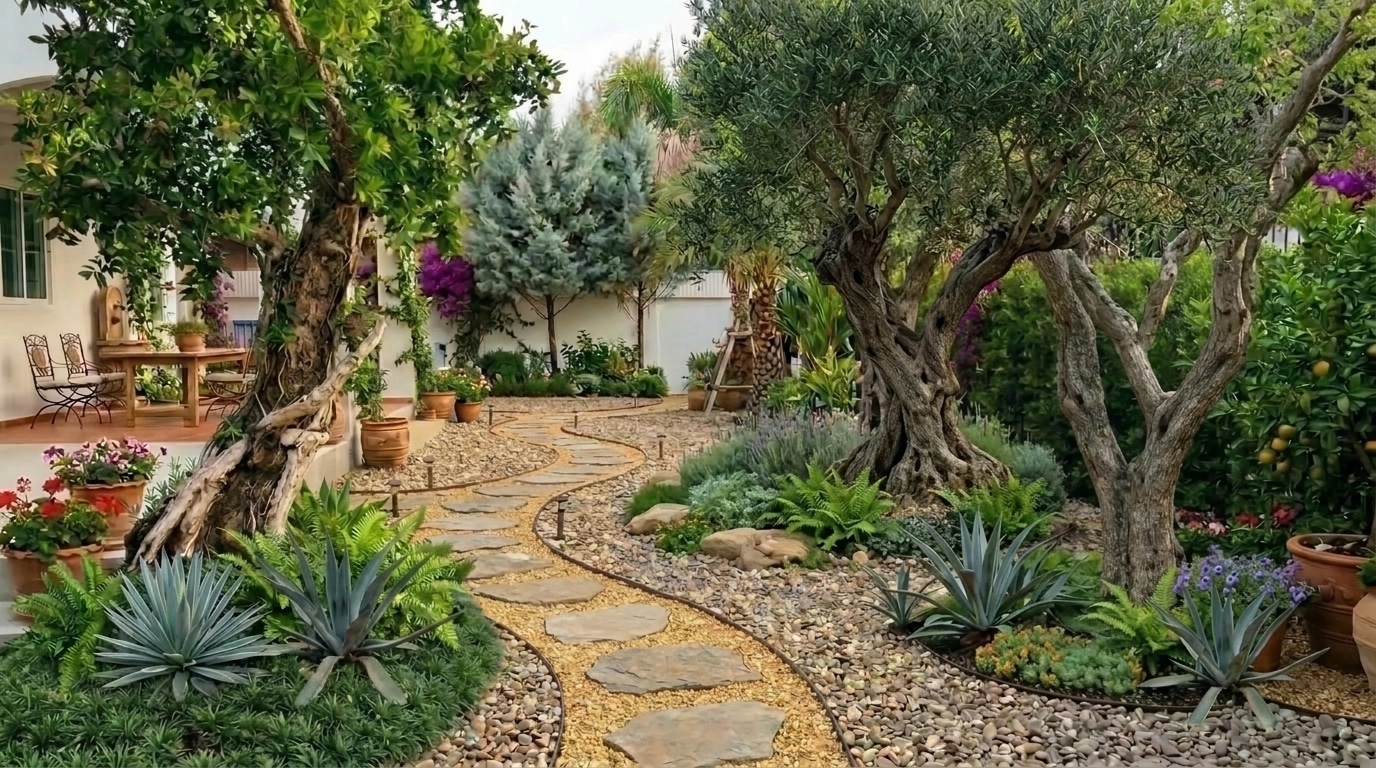 Peyzaj tasarımı Mediterranean Yard stili — Bahçe GenRoom AI