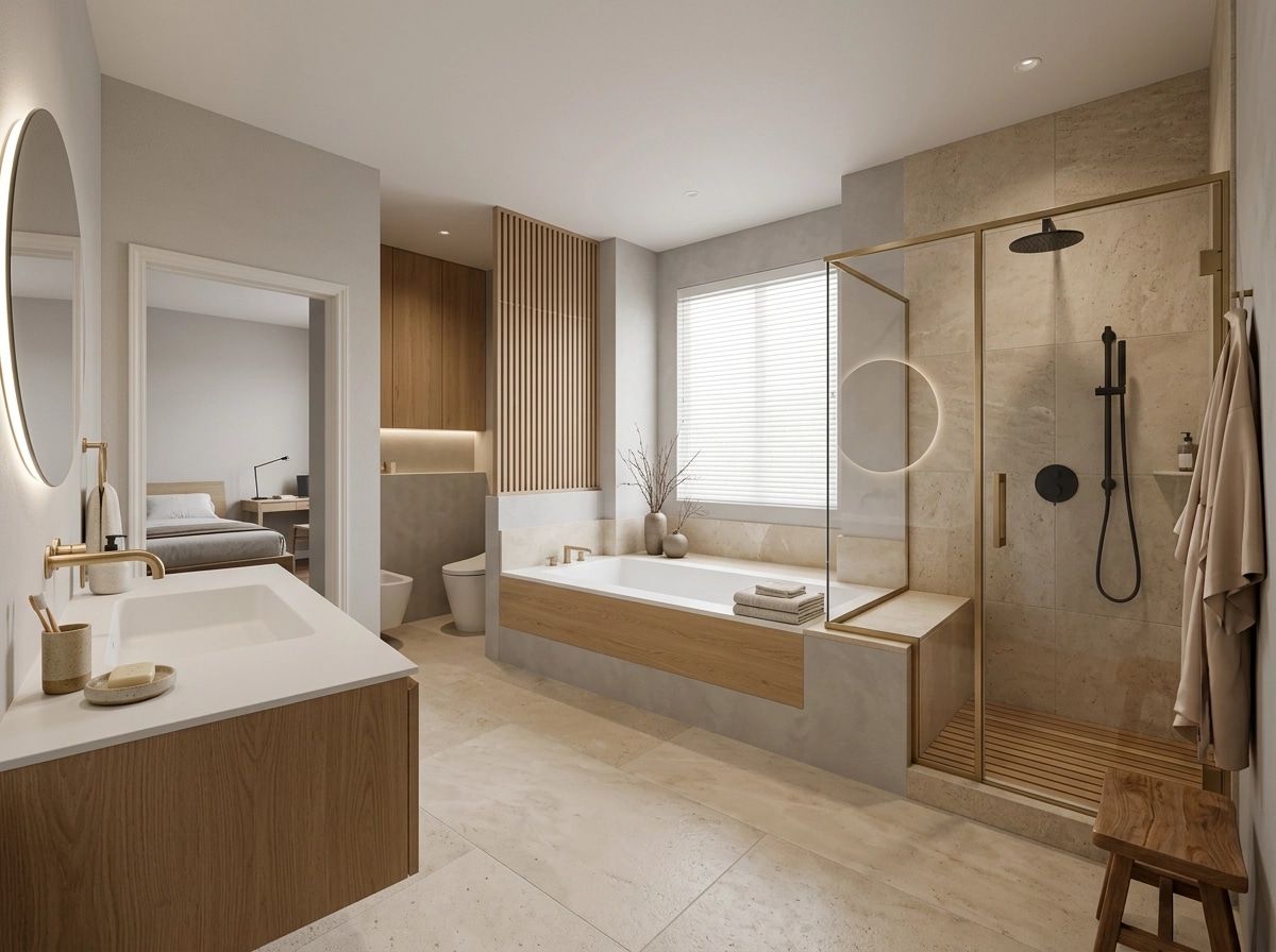 Bathroom interior in Japandi style — photo by GenRoom AI