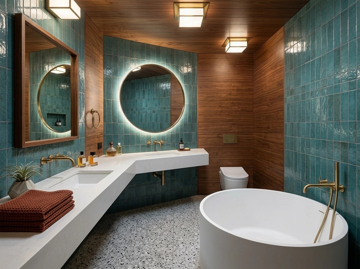 Bathroom interior in Mid-Century Modern style — photo by GenRoom AI