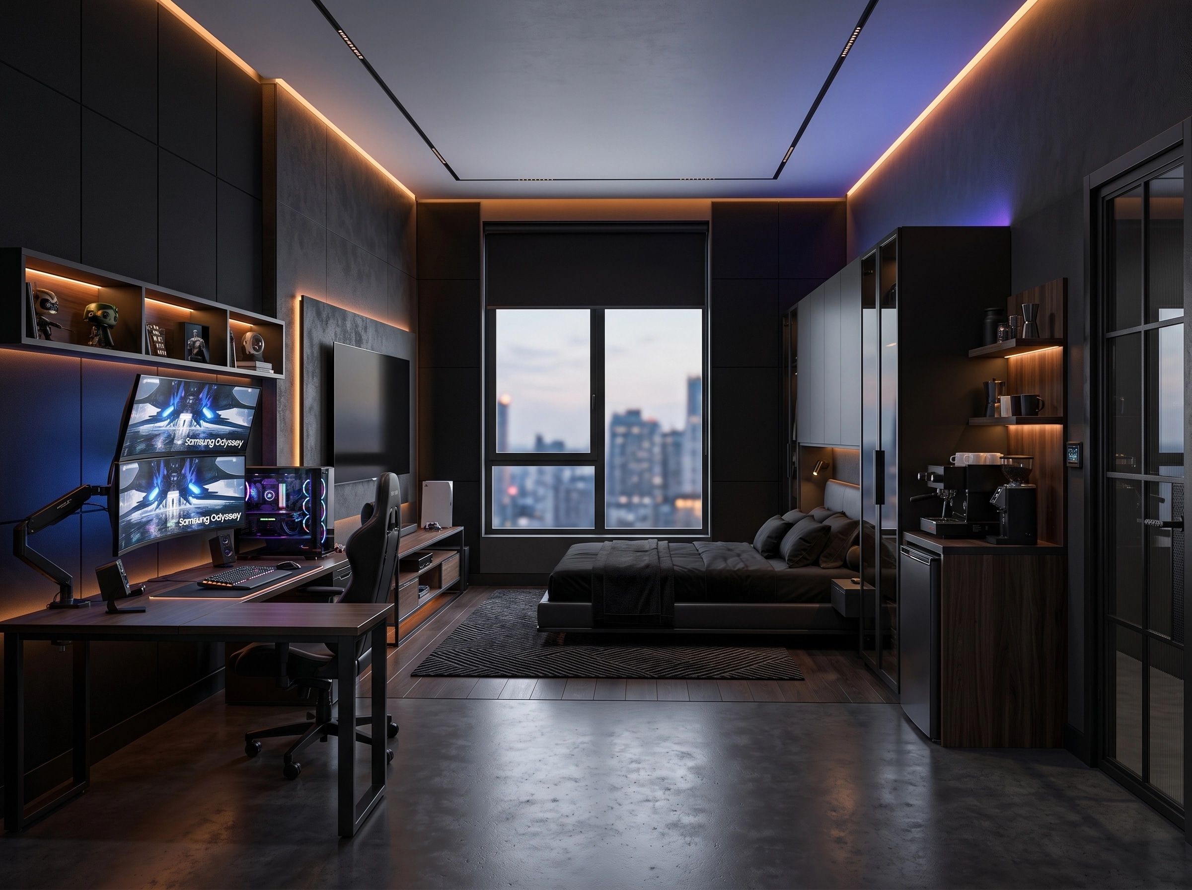 التصميم الداخلي بنمط Blacktec — غرفة النوم من GenRoom AI