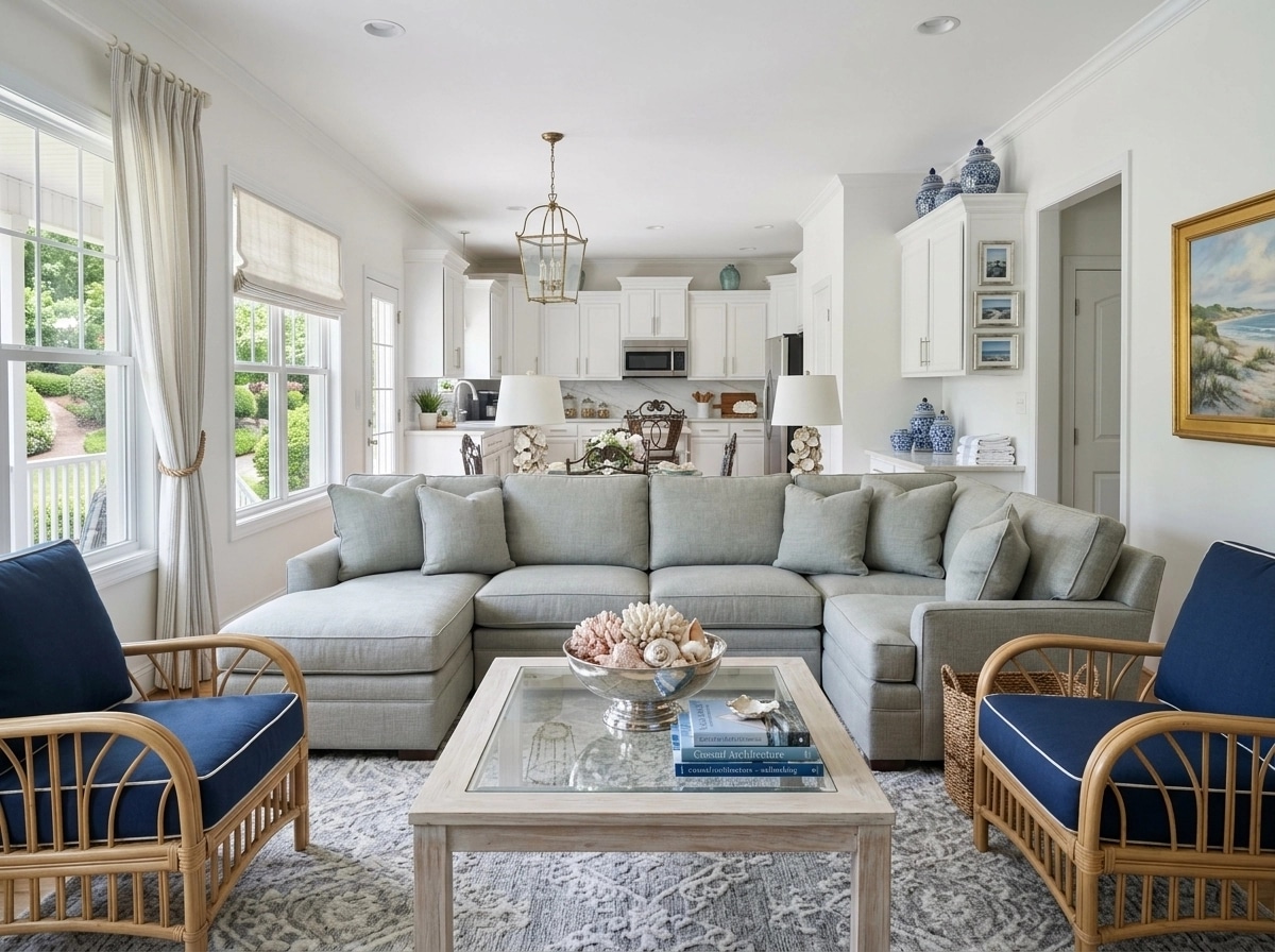 Coastal / Hamptons غرفة المعيشة design — interior photo by GenRoom AI