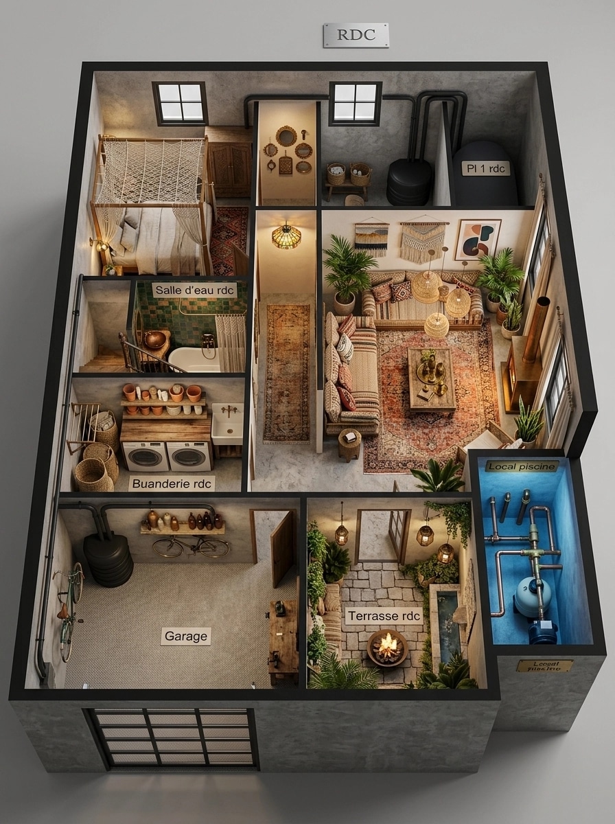 Interior design in Bohemian style — basement by GenRoom AI