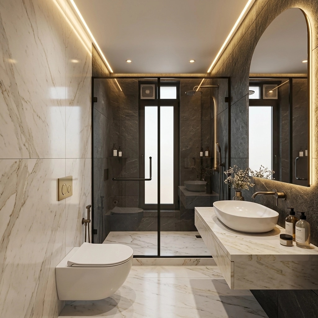 Bathroom interior in Minimalism style — photo by GenRoom AI