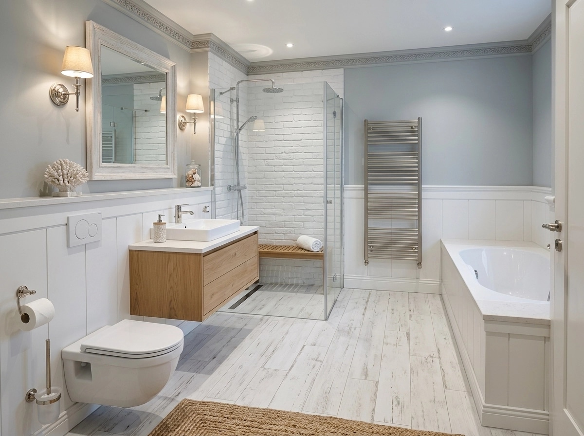 Bathroom interior in Coastal / Hamptons style — photo by GenRoom AI