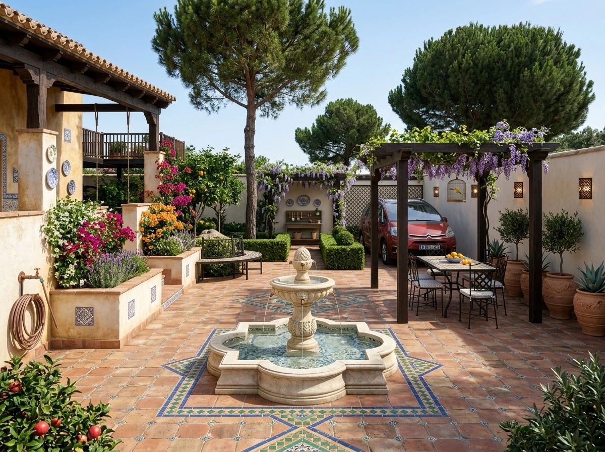 Yard design in Spanish Courtyard style — photo by GenRoom AI