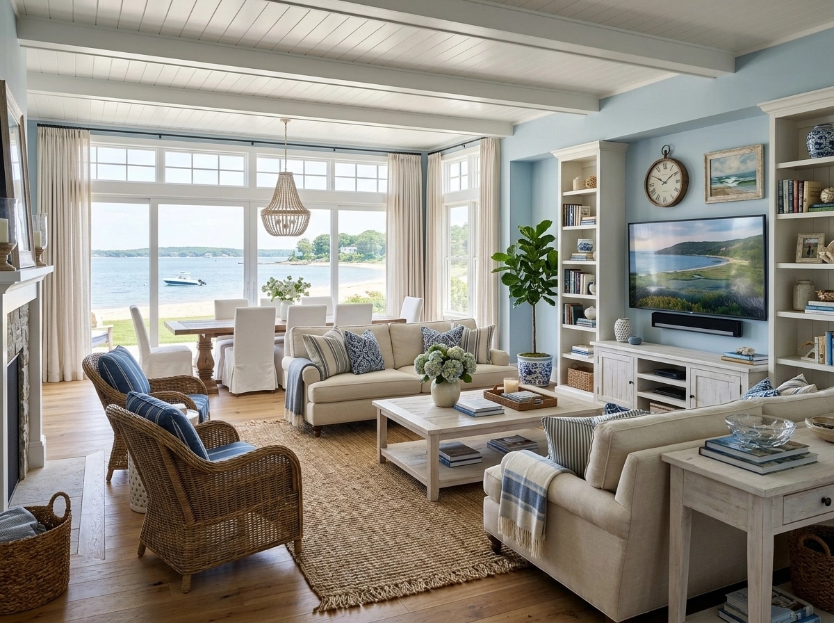 Interior desain di Coastal / Hamptons gaya — Ruang Tamu oleh GenRoom AI