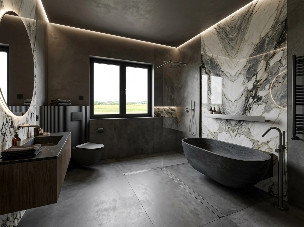 Bathroom interior in Blacktec style — photo by GenRoom AI