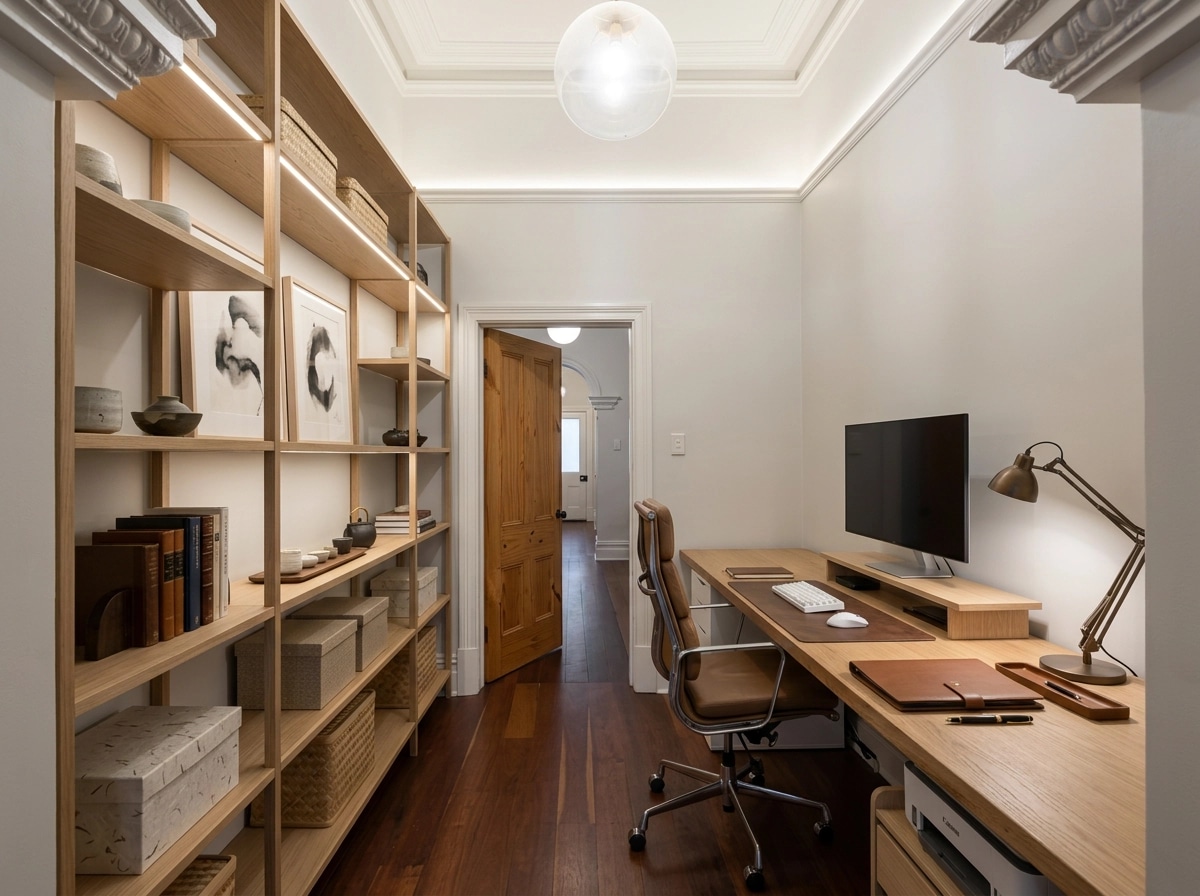 Office interior in Japandi style — photo by GenRoom AI