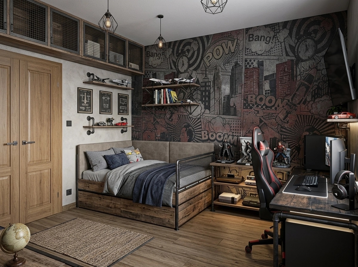 Интерьер дизайны Loft / Industrial стилінде — GenRoom AI жасаған Балалар бөлмесі