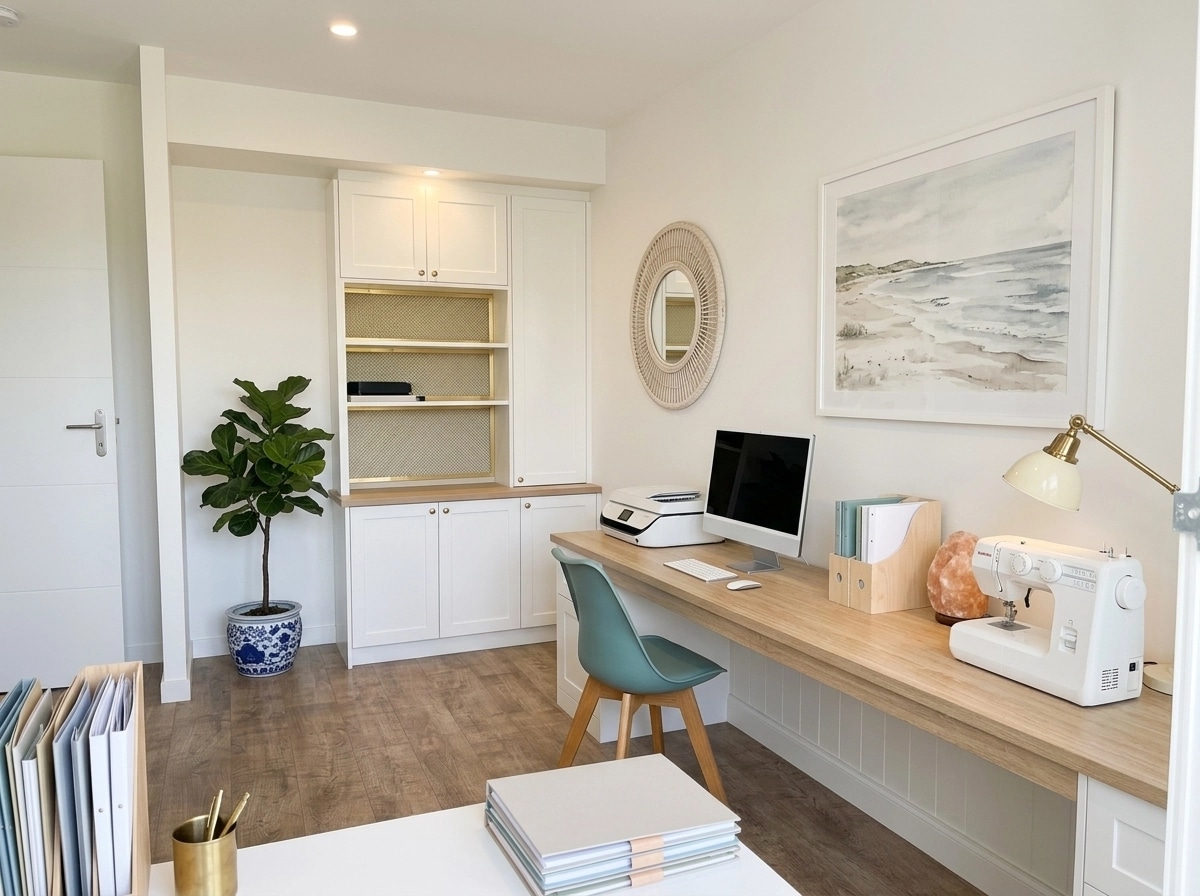 Office interior in Coastal / Hamptons style — photo by GenRoom AI