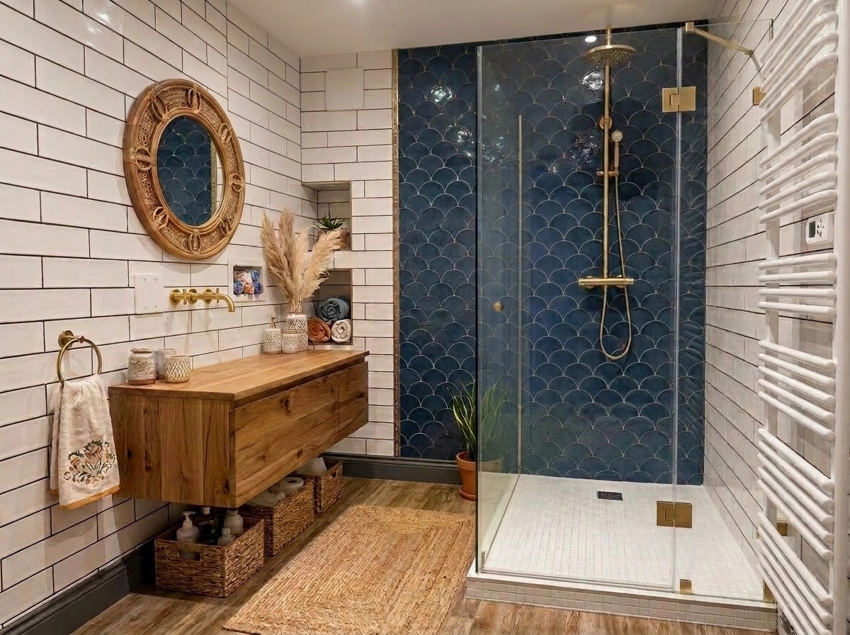 Bathroom interior in Bohemian style — photo by GenRoom AI