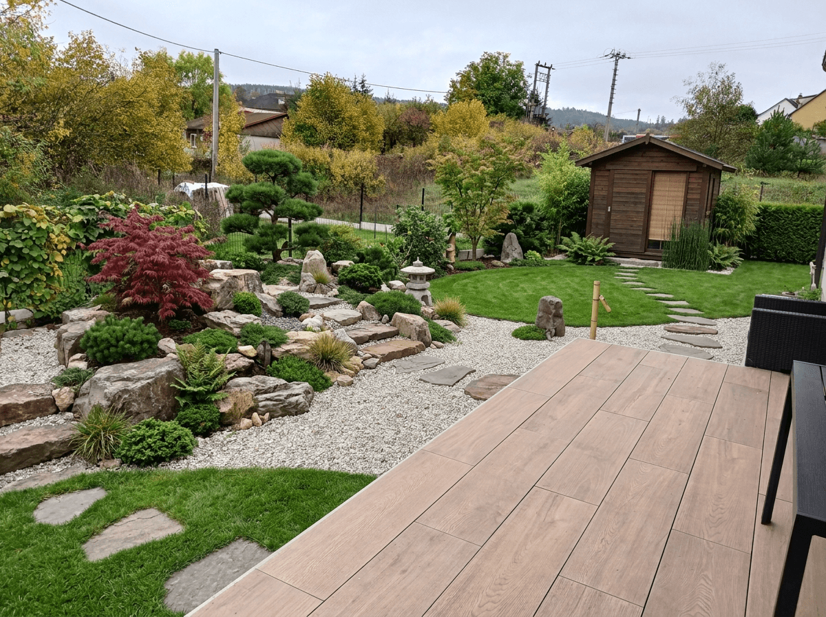 Yard design in Japanese Garden style — photo by GenRoom AI