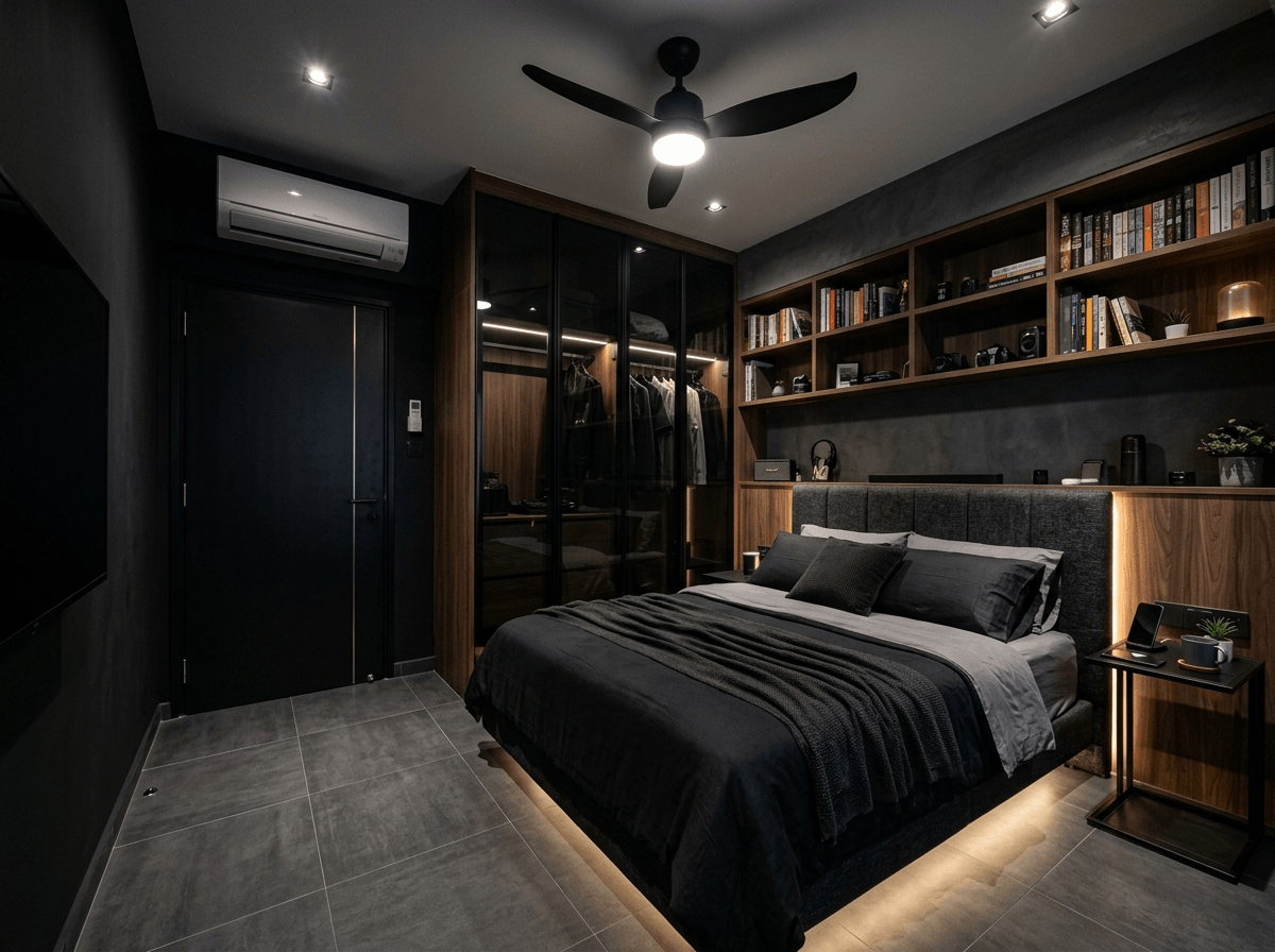 İç mekân tasarımı Blacktec stili — Yatak Odası GenRoom AI