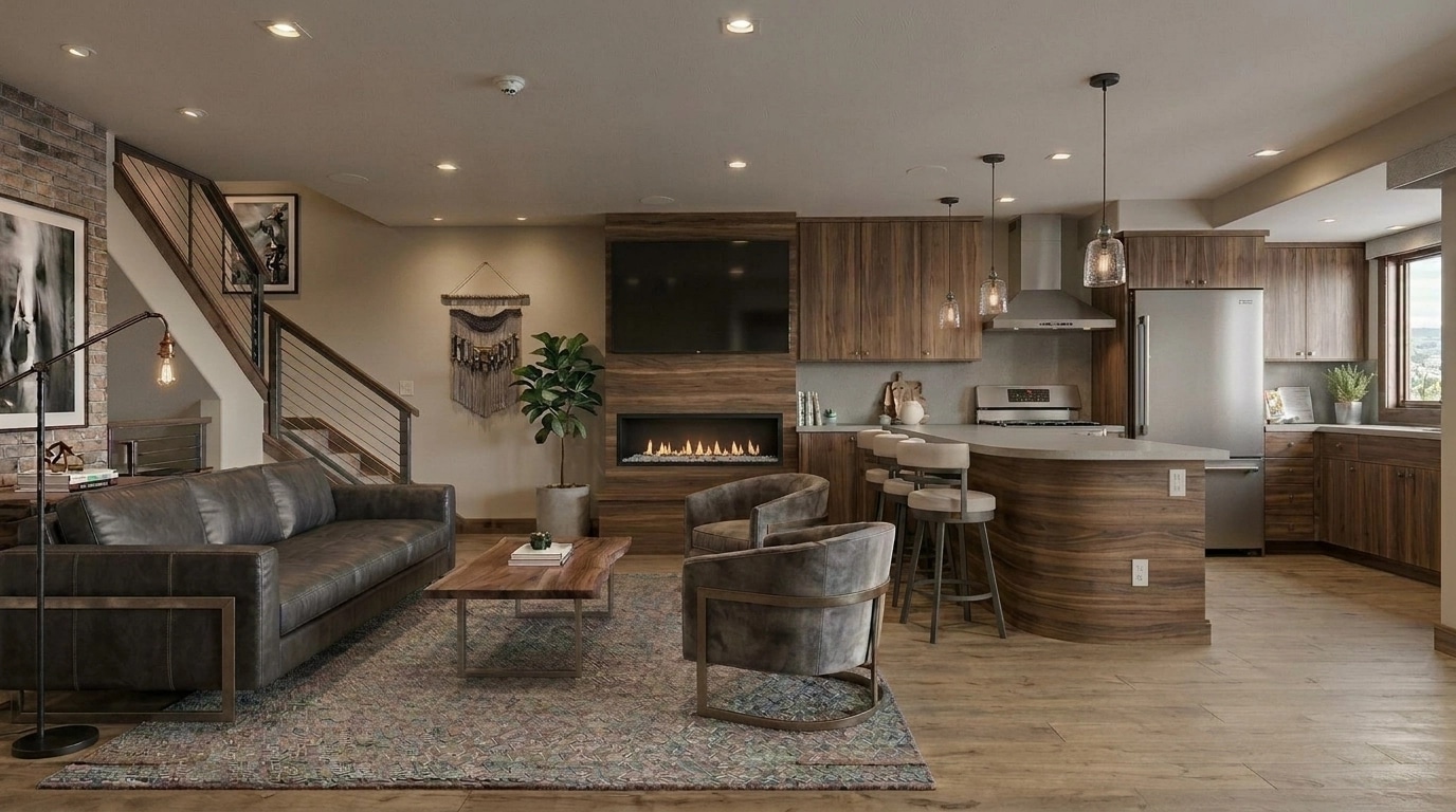 Interior desain di Loft / Industrial gaya — Ruang Tamu oleh GenRoom AI