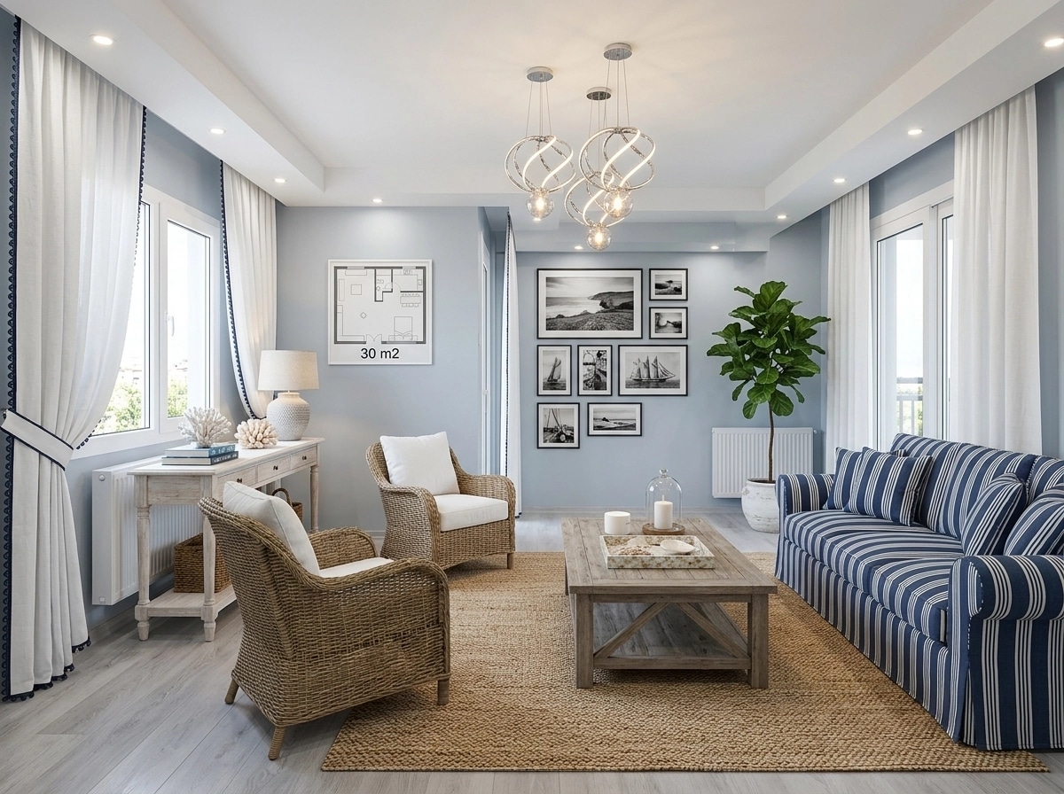 Interior design in Coastal / Hamptons style — Living Room by GenRoom AI