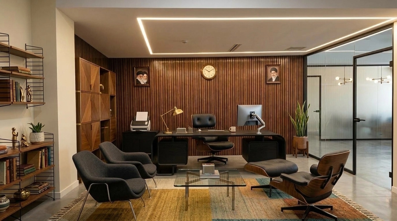 Office interior in Mid-Century Modern style — photo by GenRoom AI