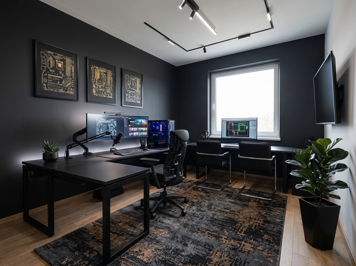 Office interior in Blacktec style — photo by GenRoom AI