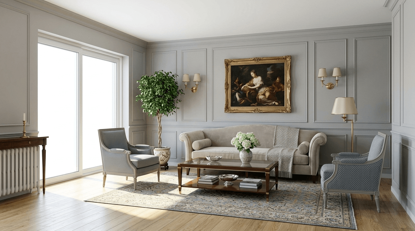 Neoclassic Living Room design — interior photo by GenRoom AI