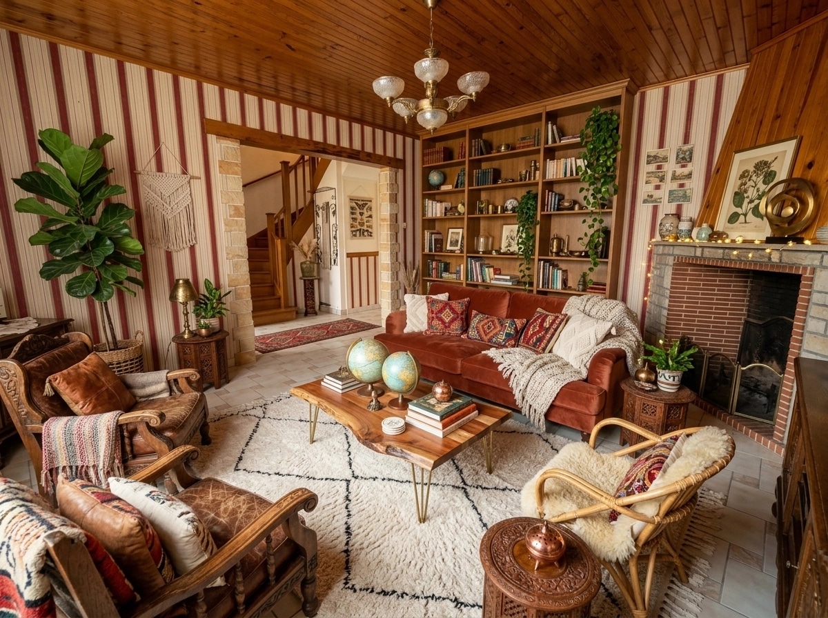 Интерьер дизайны Bohemian стилінде — GenRoom AI жасаған Қонақ бөлме