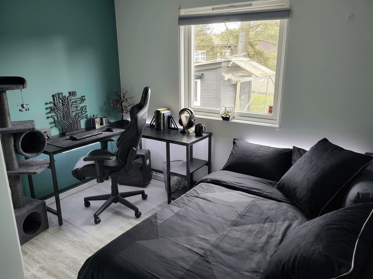 Design d'interni in stile Blacktec — Camera da letto di GenRoom AI