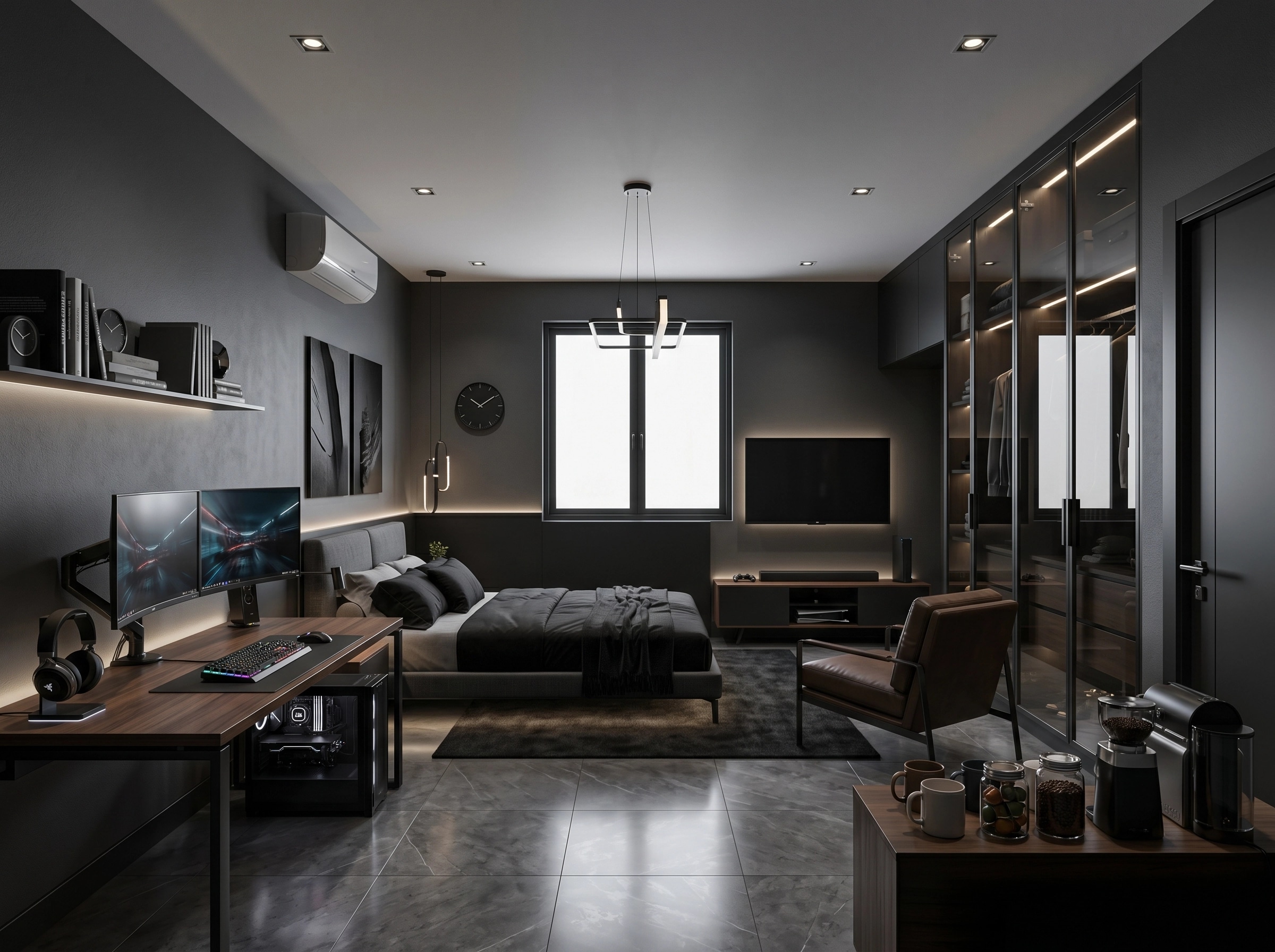 التصميم الداخلي بنمط Blacktec — غرفة النوم من GenRoom AI