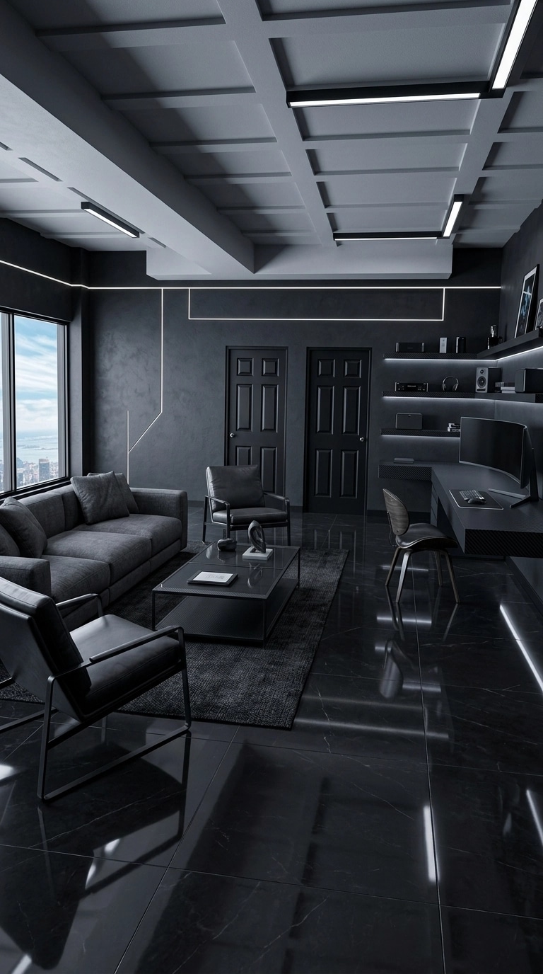 التصميم الداخلي بنمط Blacktec — غرفة المعيشة من GenRoom AI