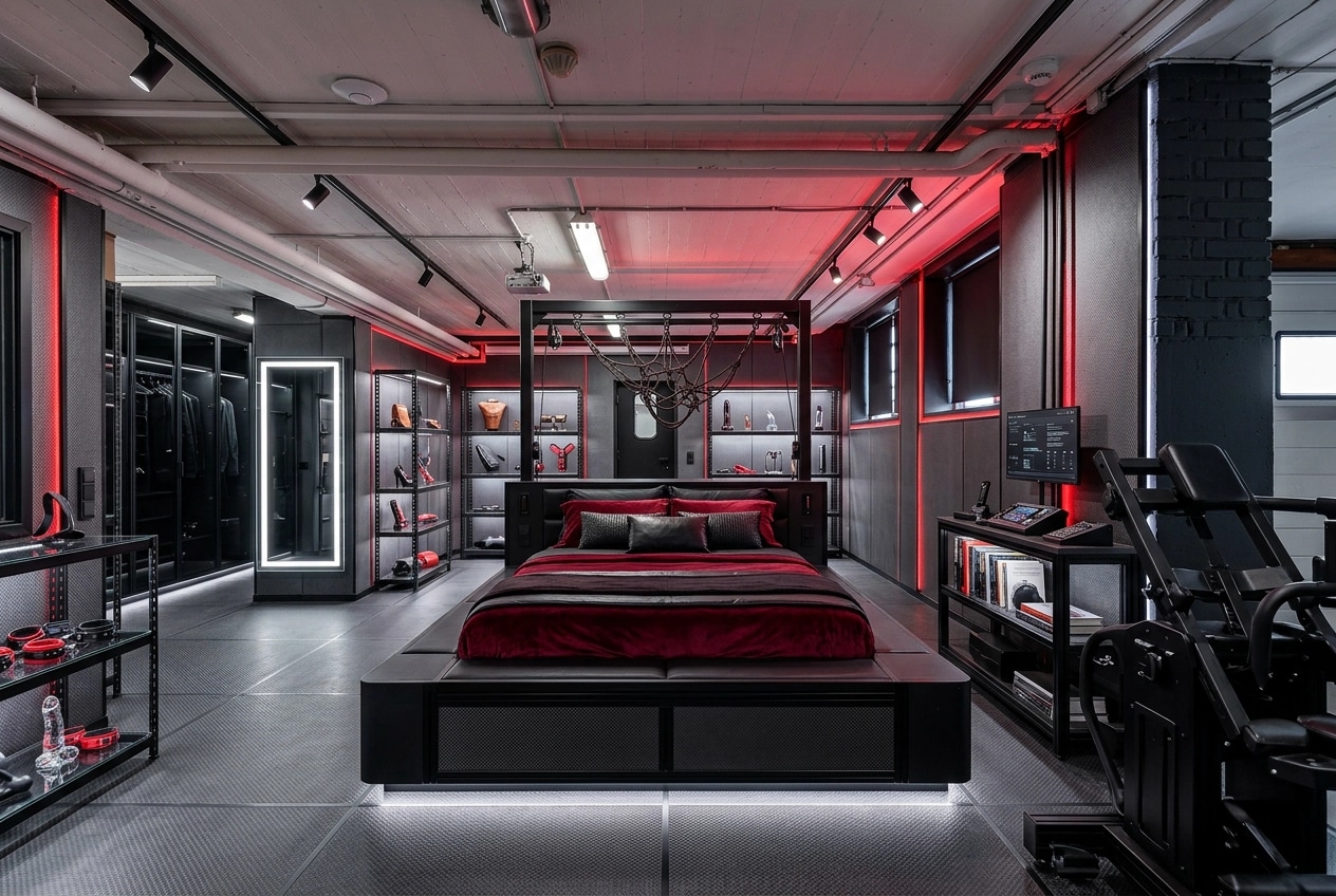 التصميم الداخلي بنمط Blacktec — غرفة النوم من GenRoom AI