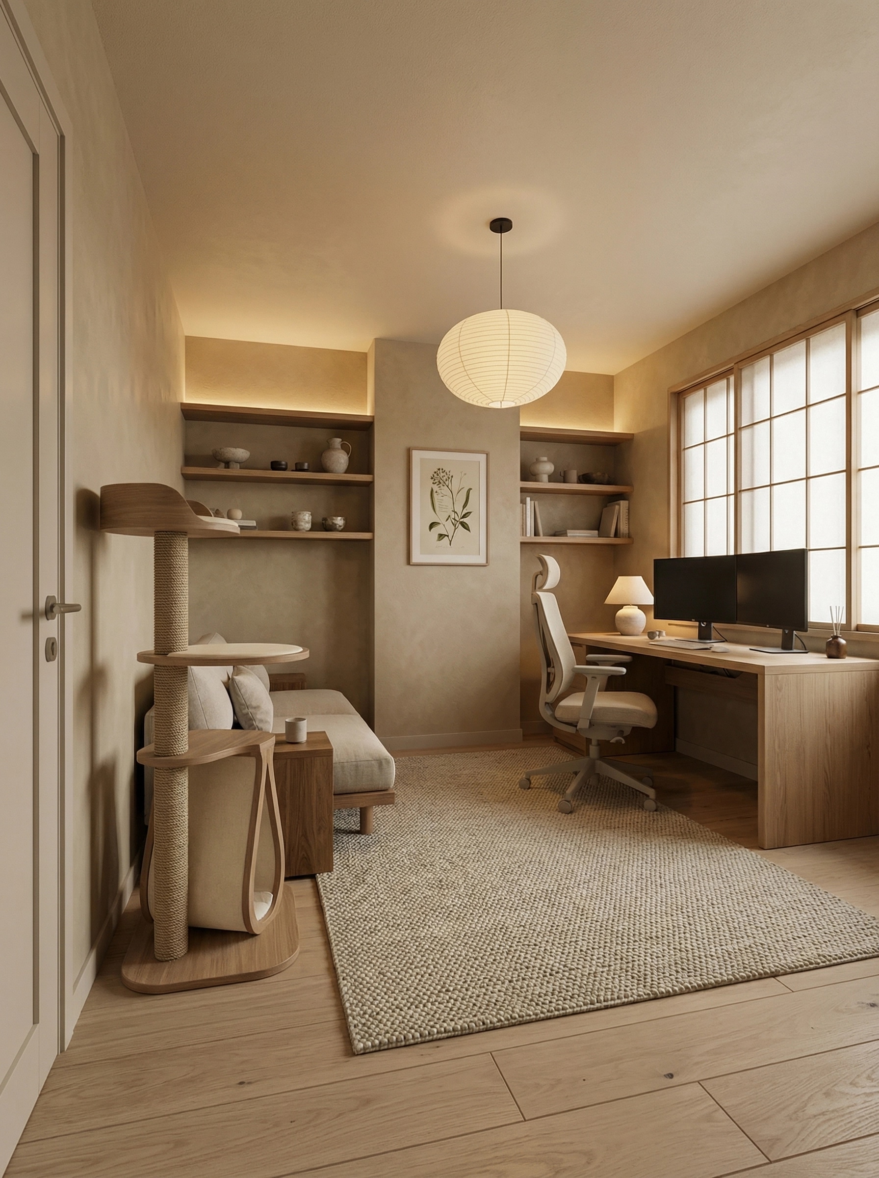 Office interior in Japandi style — photo by GenRoom AI