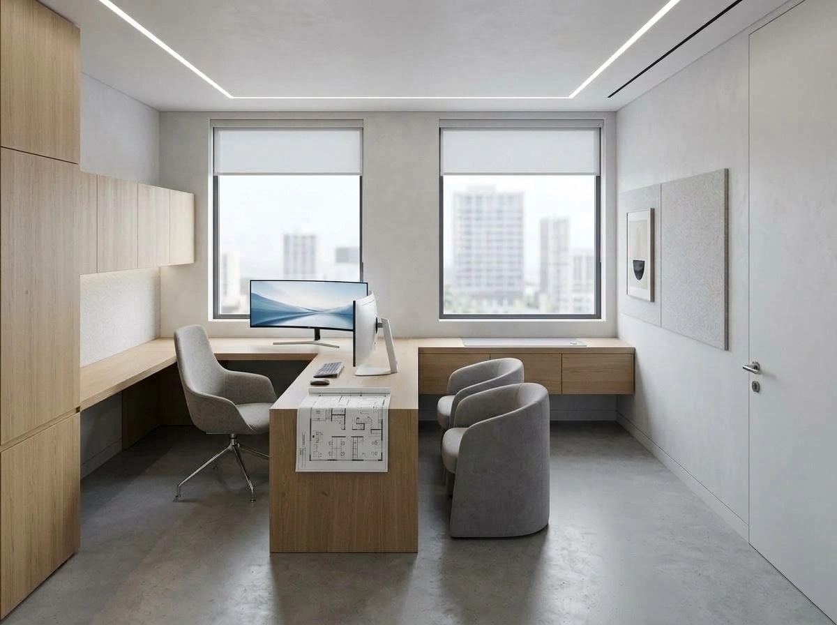 Office interior in Minimalism style — photo by GenRoom AI