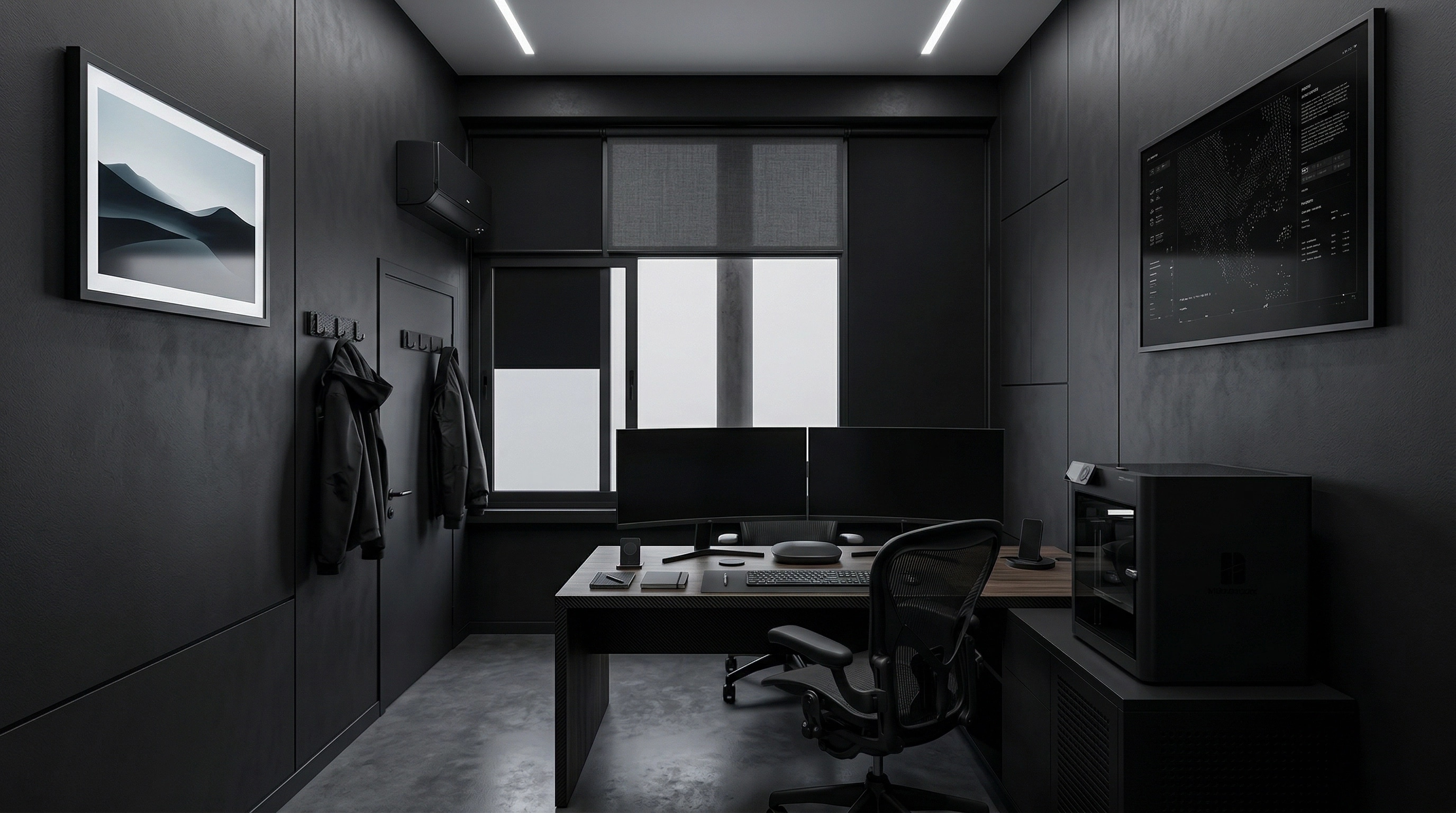 Office interior in Blacktec style — photo by GenRoom AI