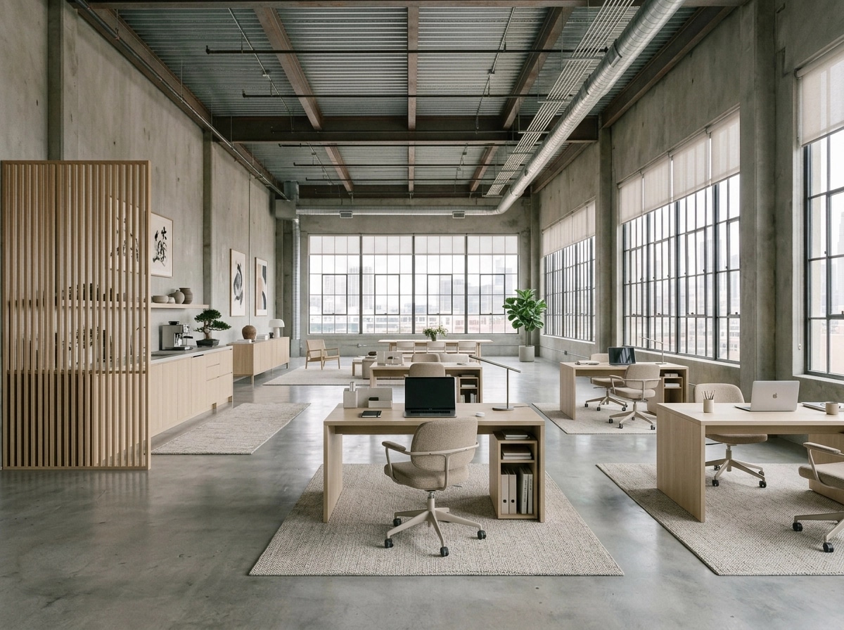 Office interior in Japandi style — photo by GenRoom AI