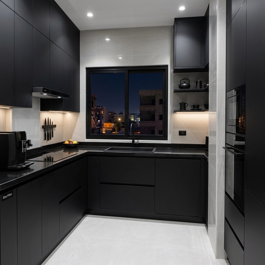 Kitchen interior in Blacktec style — photo by GenRoom AI