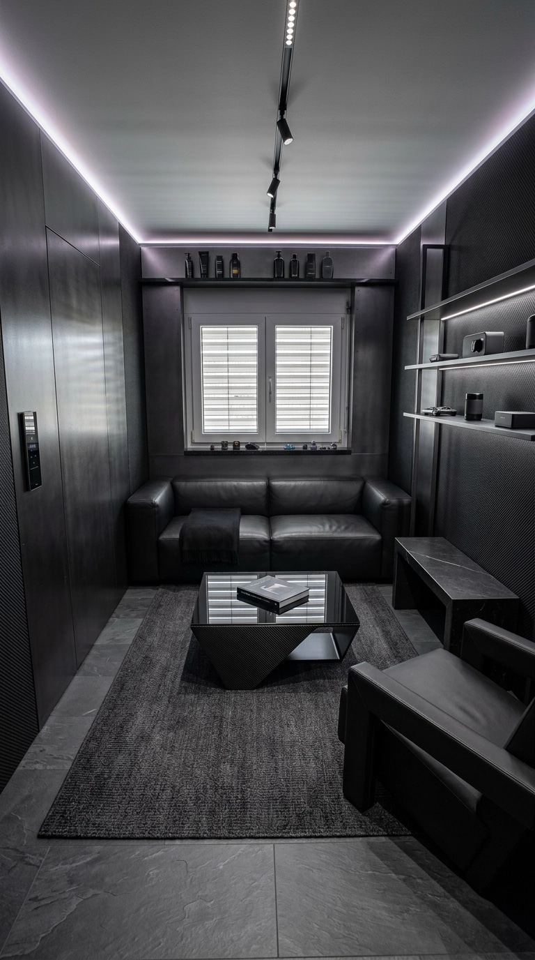 التصميم الداخلي بنمط Blacktec — غرفة المعيشة من GenRoom AI