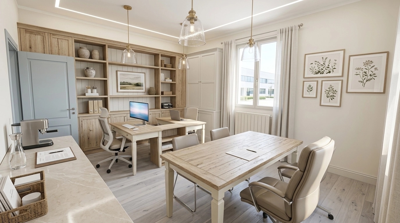Office interior in Modern Farmhouse style — photo by GenRoom AI