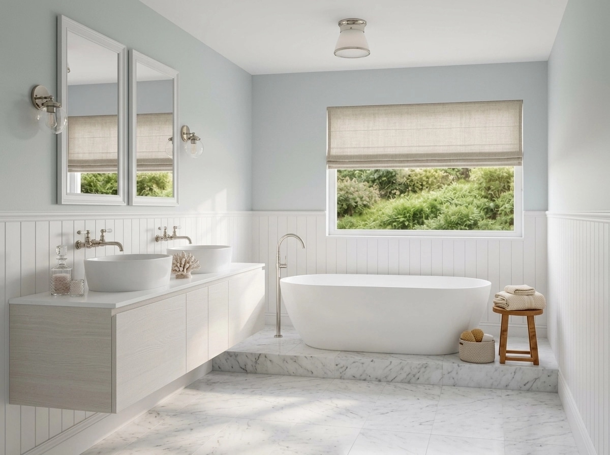 Coastal / Hamptons Kamar Mandi design — interior photo by GenRoom AI