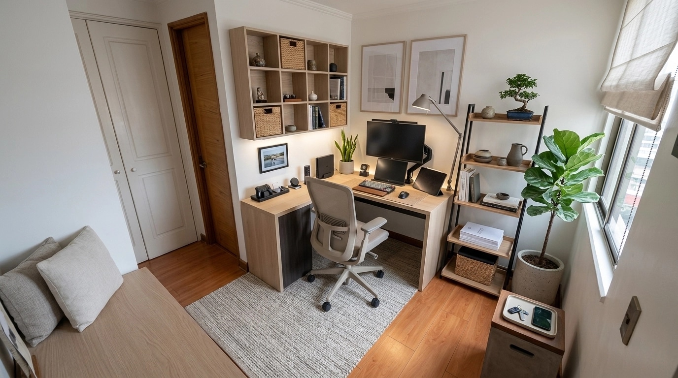 Office interior in Japandi style — photo by GenRoom AI