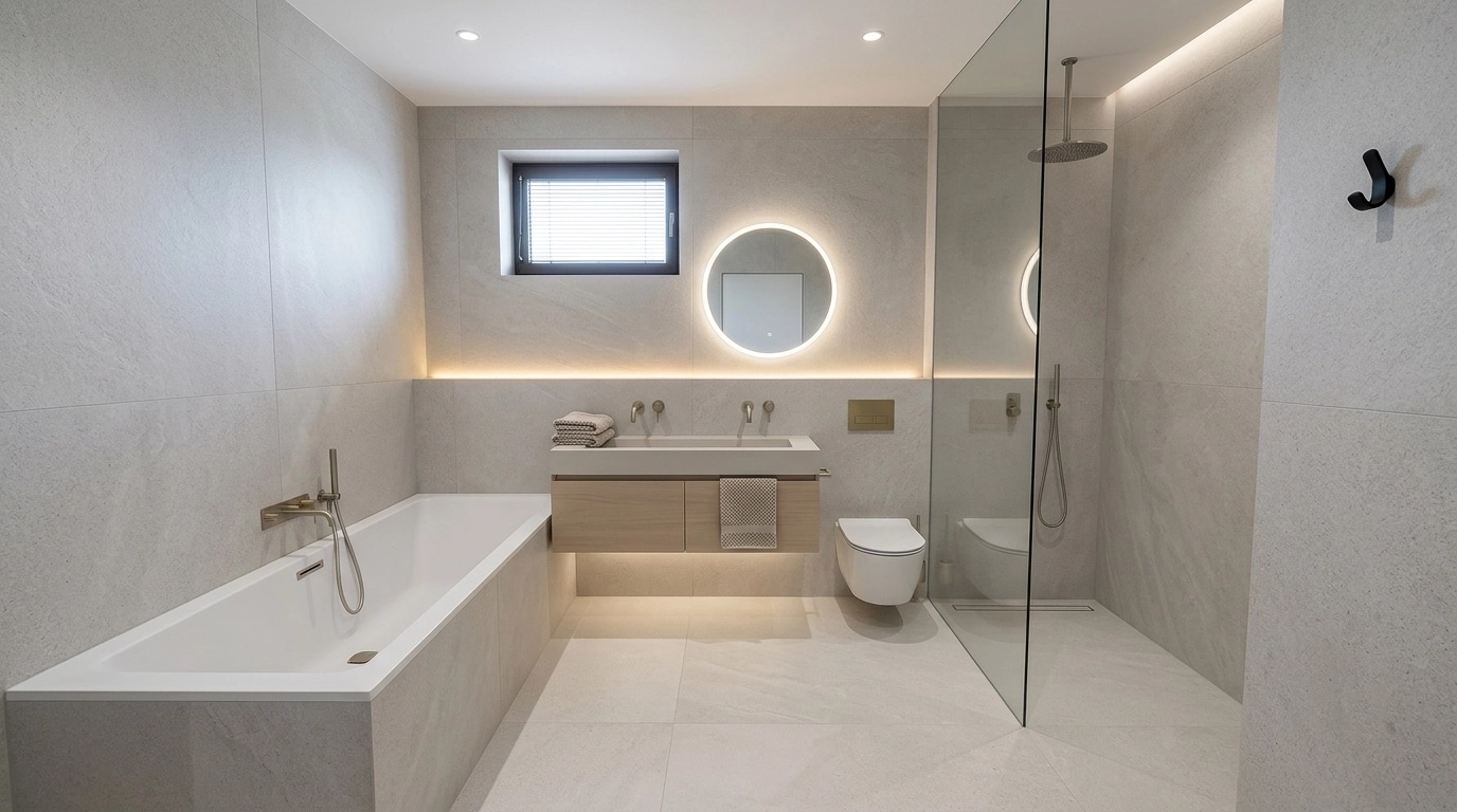 Bathroom interior in Minimalism style — photo by GenRoom AI