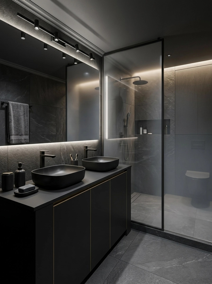Bathroom interior in Blacktec style — photo by GenRoom AI
