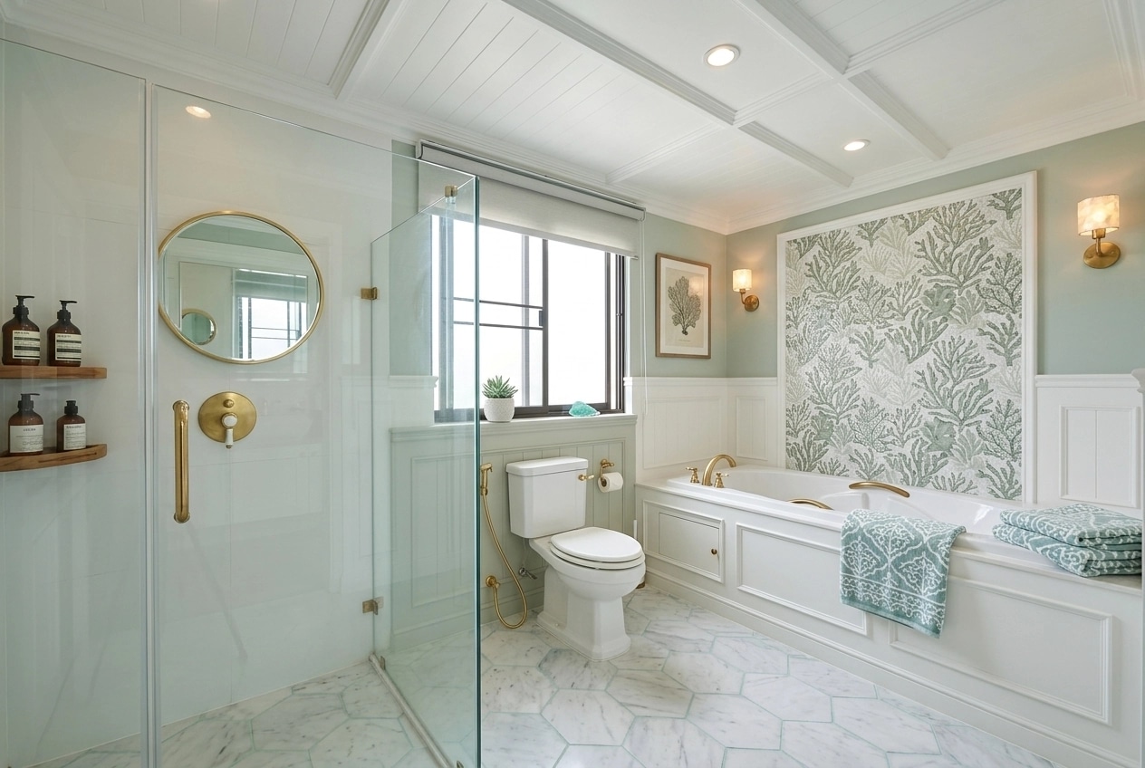 Bathroom interior in Coastal / Hamptons style — photo by GenRoom AI