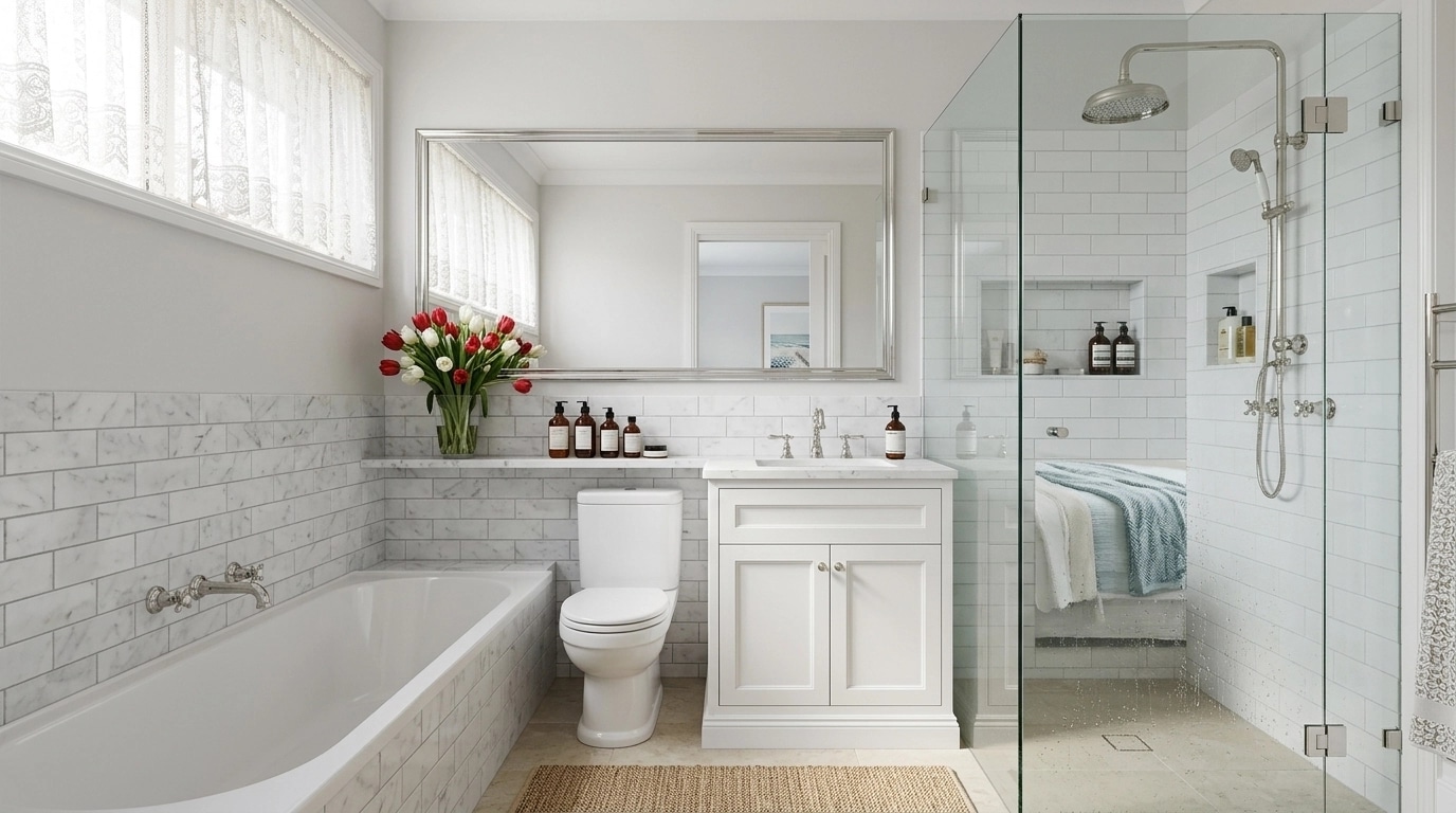Bathroom interior in Coastal / Hamptons style — photo by GenRoom AI