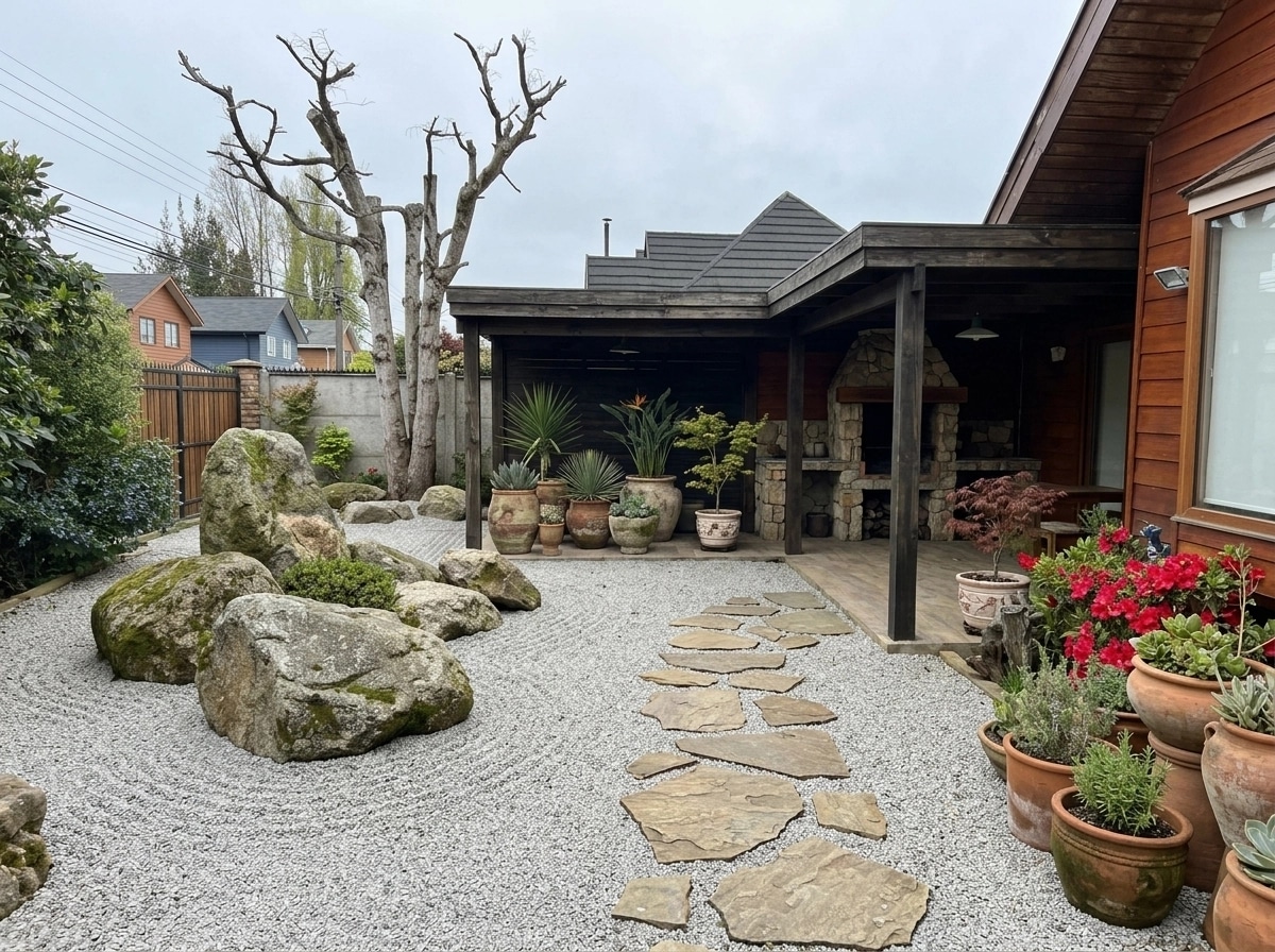 Návrh krajiny ve stylu Japanese Garden styl — Dvůr od GenRoom AI
