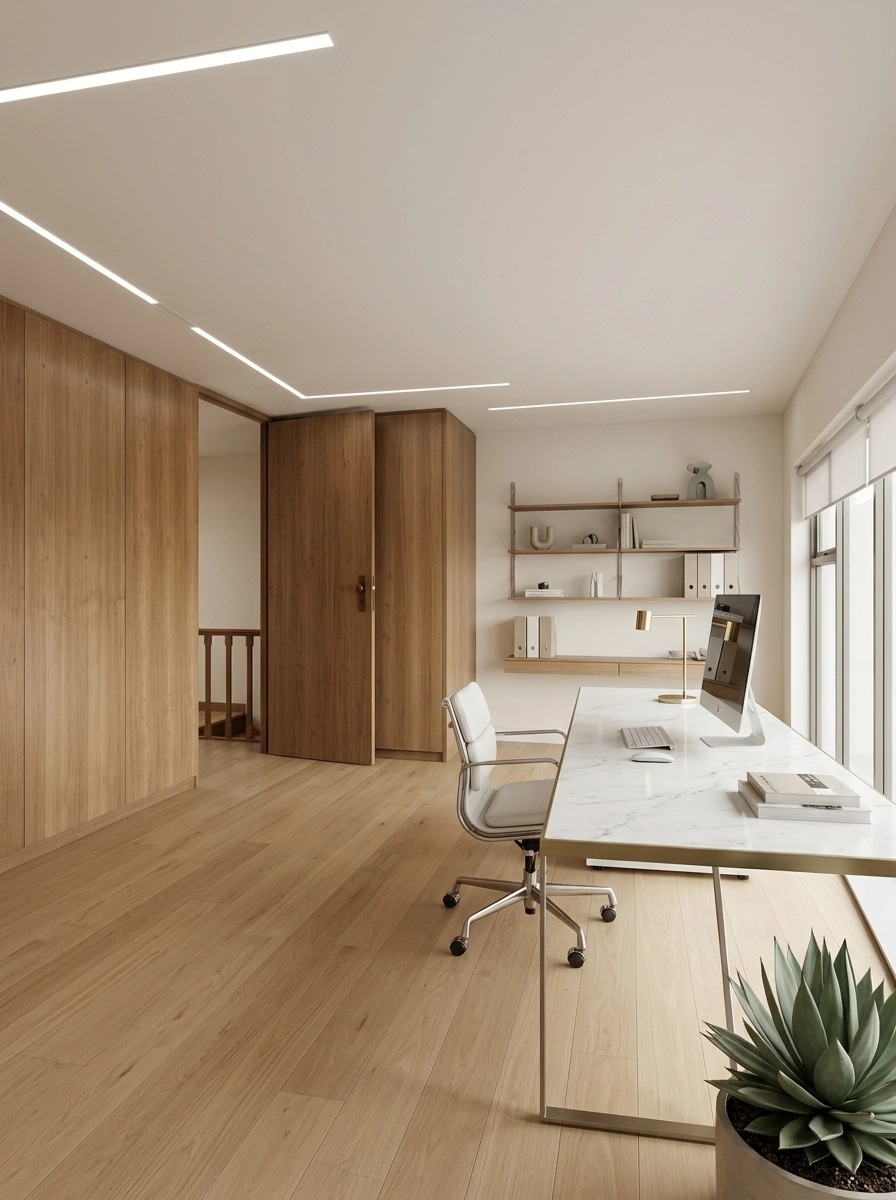 Office interior in Minimalism style — photo by GenRoom AI