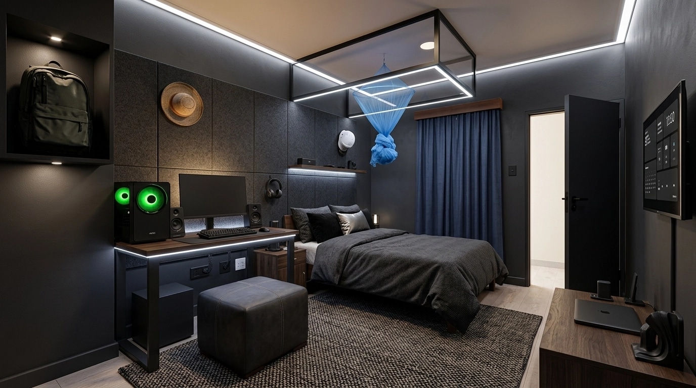 التصميم الداخلي بنمط Blacktec — غرفة النوم من GenRoom AI